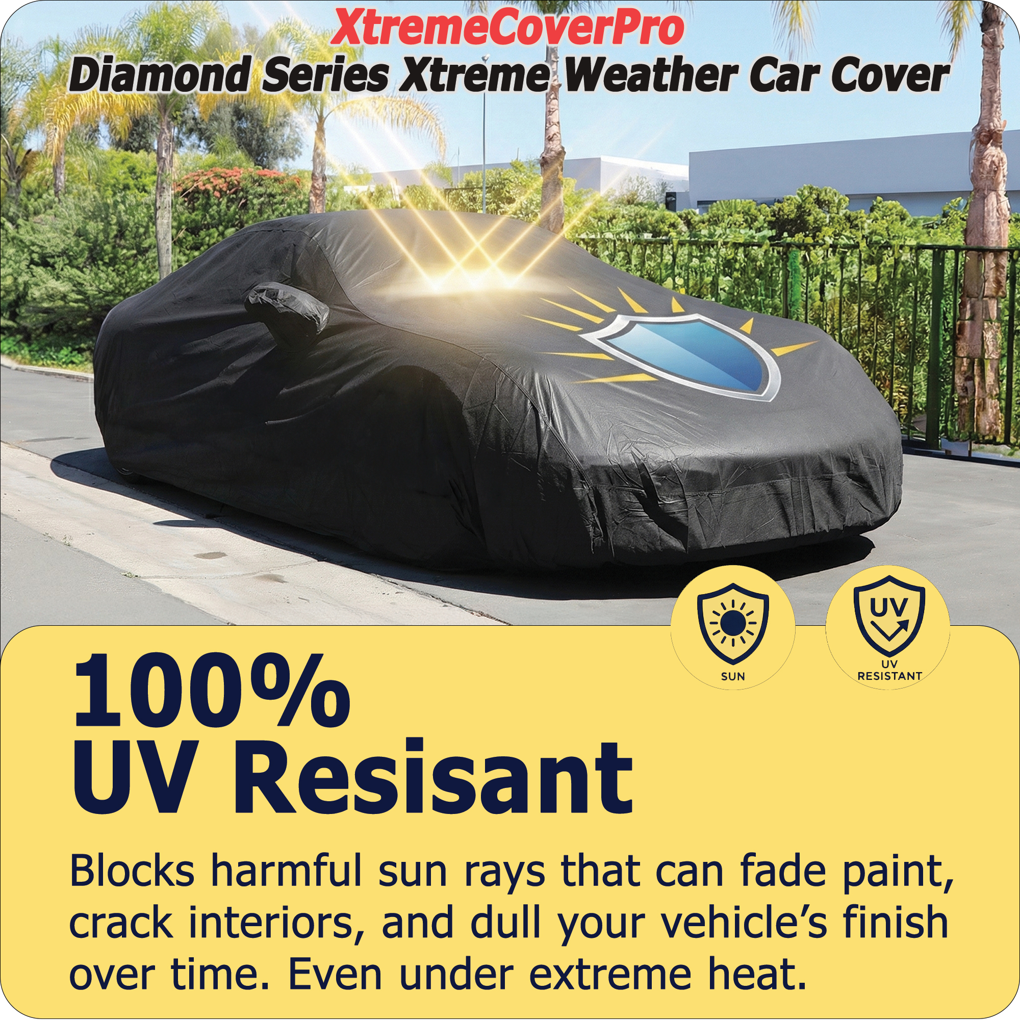 XtremeCoverPro Diamond Series UV resistant all weather car cover protecting a vehicle in direct sun