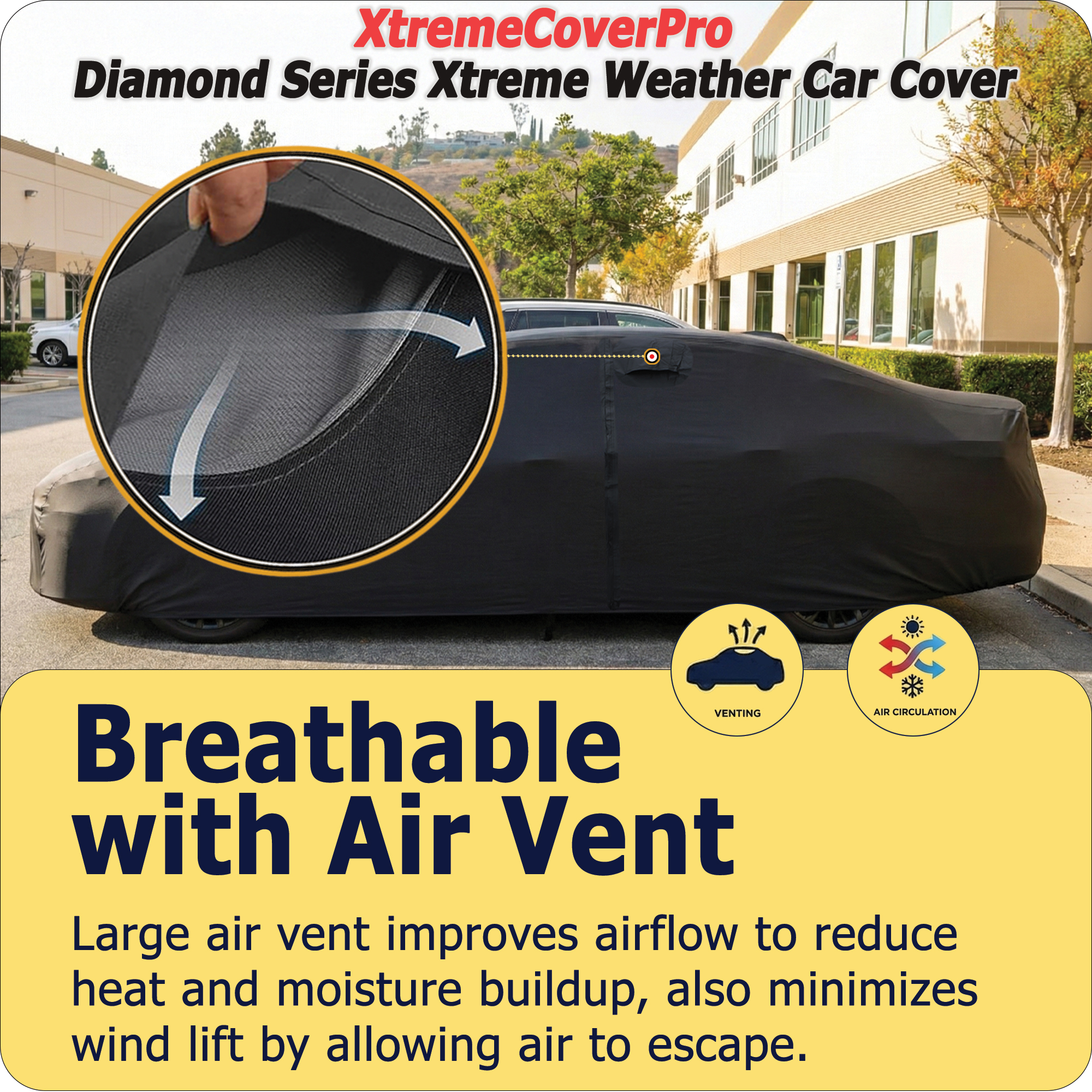 Breathable car cover with large air vent for airflow and moisture control