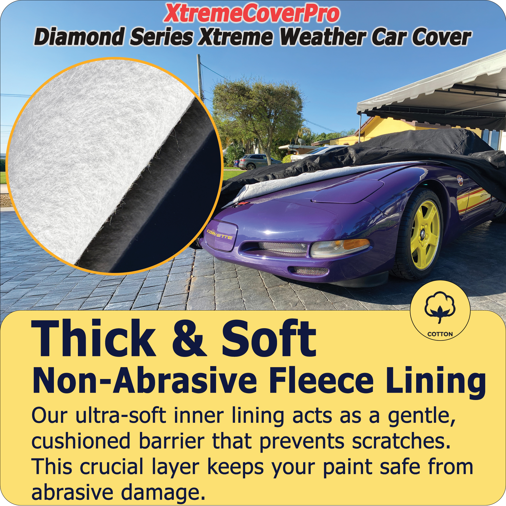 Thick soft non abrasive fleece lining inside the XtremeCoverPro car cover