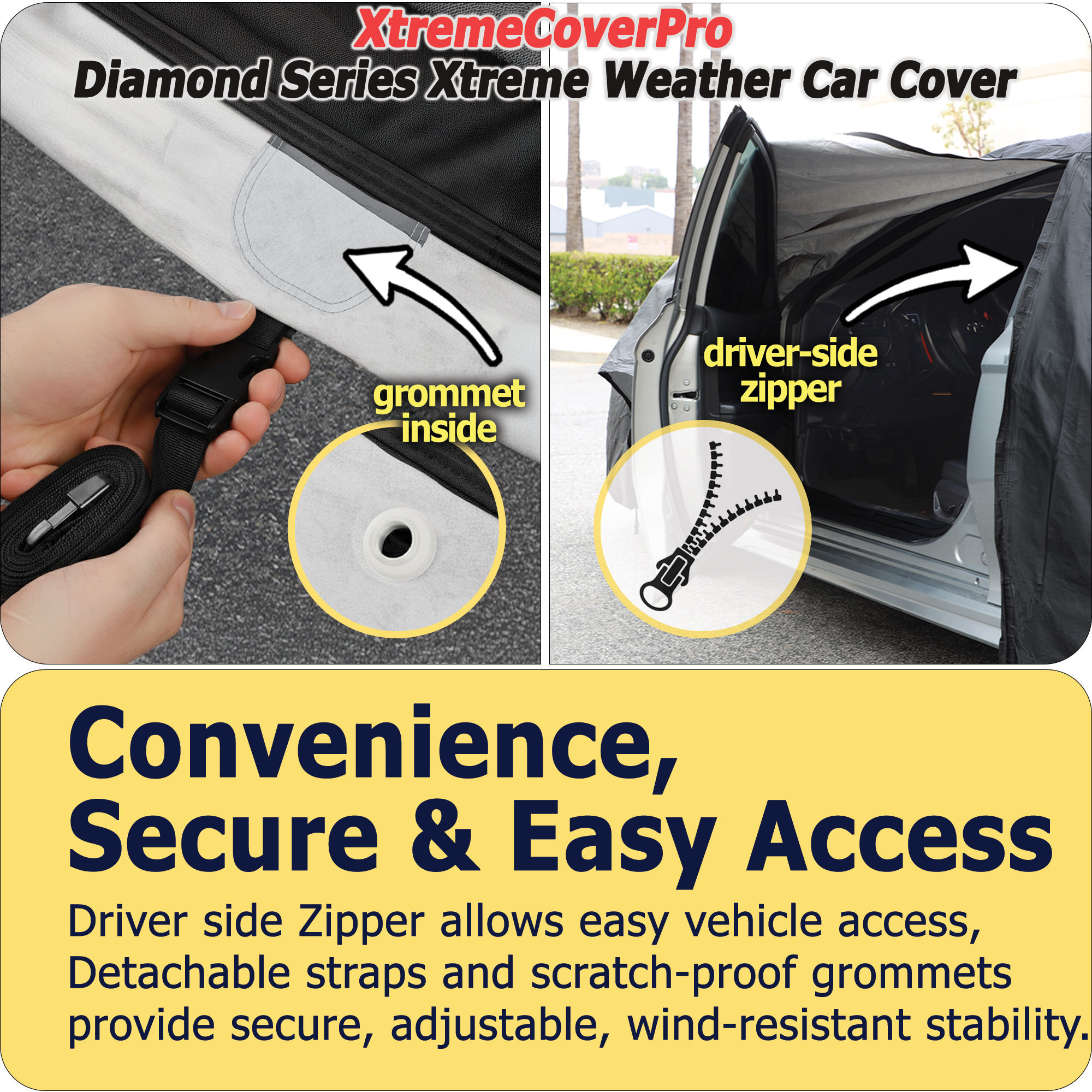 Driver side zipper detachable securing straps and scratch resistant grommets on car cover